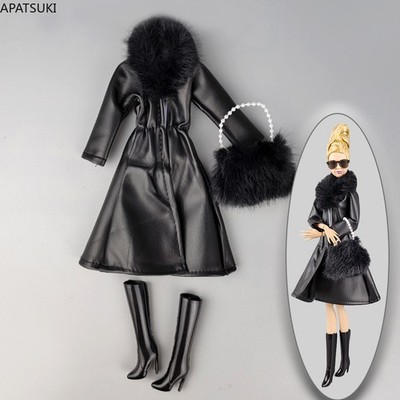 Black Fashion Clothes for 11.5'' Doll Outfits Fur Leather Parka Set Accessories