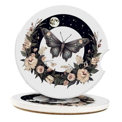 Ceramic Car Coaster With Anti-Slip Cork Base - 2Pcs Auto Moth and Floral Moon