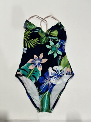 Women's Ruffle One Piece Swimsuit - Navy Blue Tropical Print XL