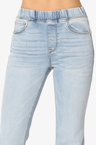 TheMogan Elastic Waist High Rise Full Length Stretch Denim Flare Leg Jeans - Picture 19 of 26
