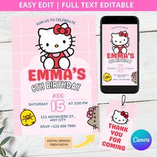 DIGITAL - Invitación de cumpleaños Hello Kitty, gato Kawaii, suministros de fiesta para gatitos