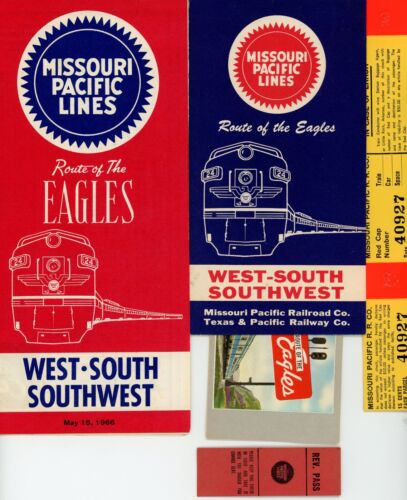 1966 MISSOURI PACIFIC TIMETABLE, UNUSED TICKET W/JACKET, BAGGAGE AND SEAT CHECK - Picture 1 of 5