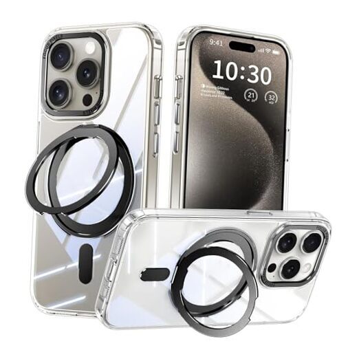 Magnetic Ring Stand iPhone 15 Pro Max Case Anti-Fingerprint Clearblack-image