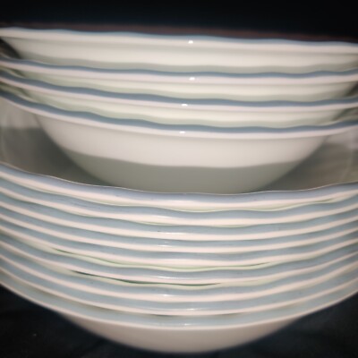 Corelle PINK TRIO Pasta Cereal Serving Bowls White Swirl Blue Rim Edge Lot 13