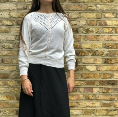 Vintage Strick Pullover S 8 Loch Muster Strick Häkel Boho Hippie Handarbeit weiß