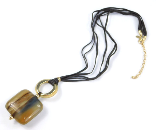 Chico's Huge Boho Horn Pendant Statement Cord Gold Tone Necklace 36"