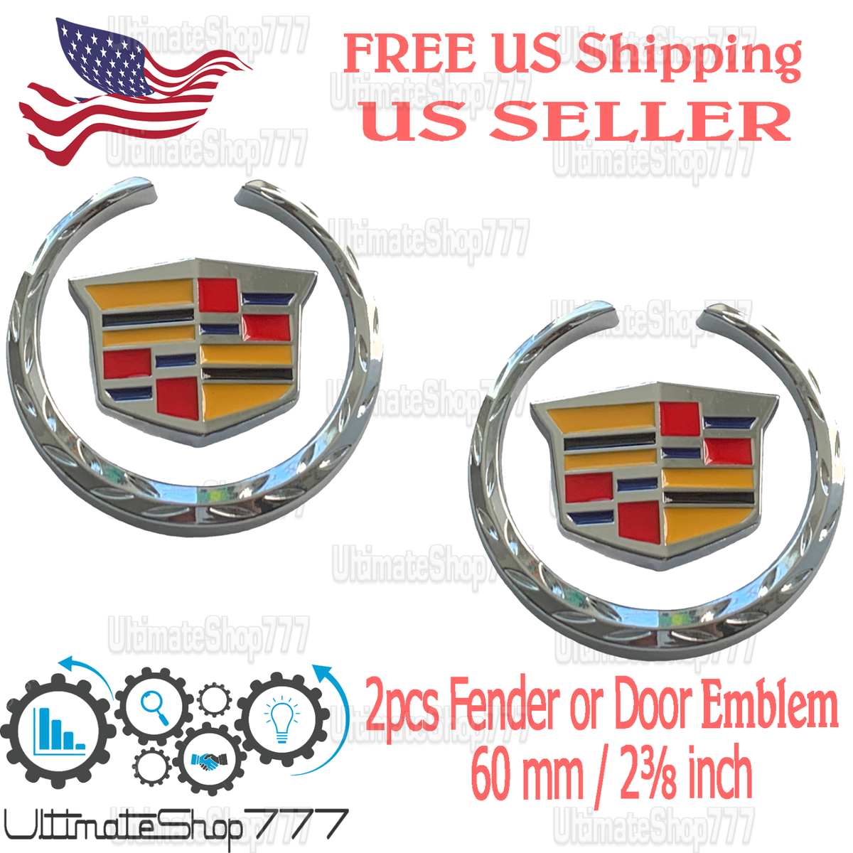 2 Silver Cadillac Fender Emblem Badge Logo Escalade CTS SRX ATS 