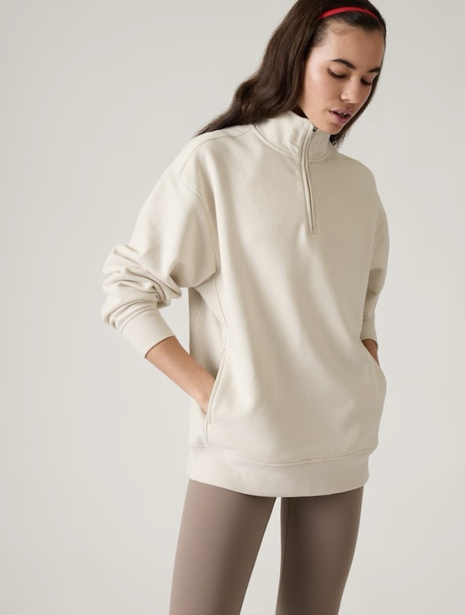 Athleta Forever Fleece 1/4 Zip Sweatshirt Size L Large Bone