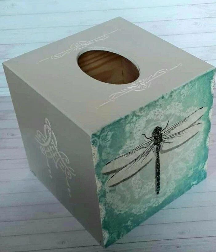 Dragonfly Tissue Square Box Cover Holder wooden handmade decoupaged - Image 1 of 1