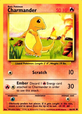 pokemon base set common card #46/102 charmander  46/102  HP   Pokmon TCG Basic Regular  BlackRoseSkulls Ltd [1] Scratch (10) [1R] Ember (30) Discard 1 Fire Energy card to use this attack. Pokemon Charmander 46/102 Base Set