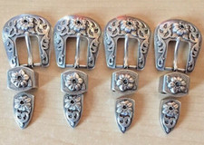 4 SETS Of 1  Western Silver 3 piece buckle set  Cowboy Cowgirl Engraved USA
