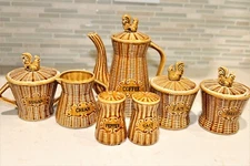 11-Piece Vintage Basketweave Rooster Breakfast Set Japan Midcentury Ceramic