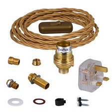 Premium Lamp Kit B22 Unswitched Holder Fabric Flex UK Plug DIY Brass ElekTek