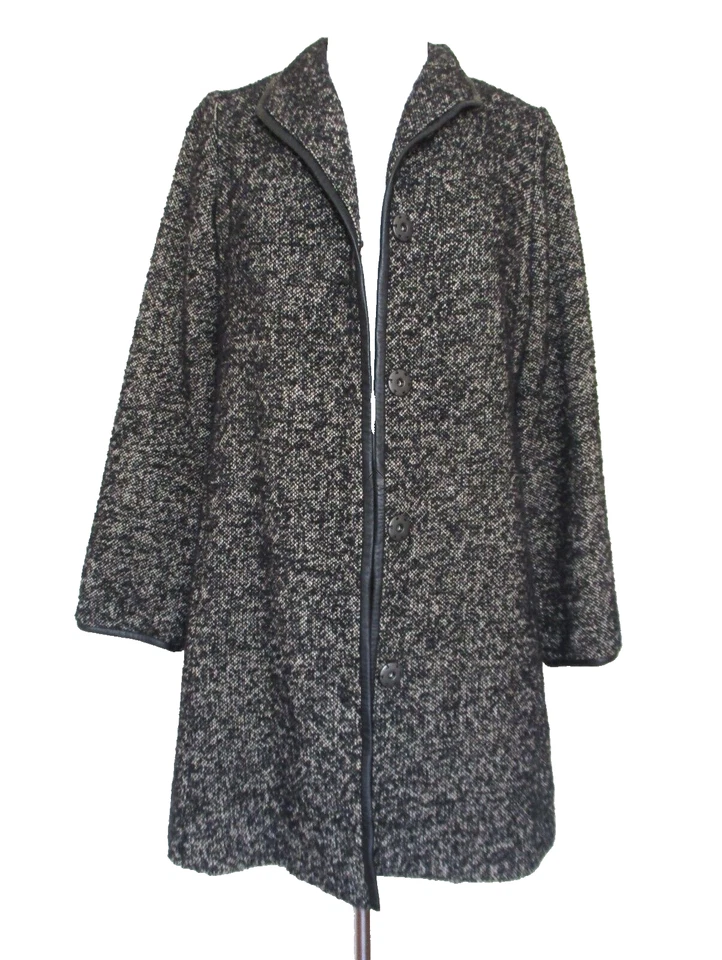 Chaqueta de tweed moteado Eileen Fisher S para mujer negra gris mezcla de lana ribete de cuero Foto 2 de 4