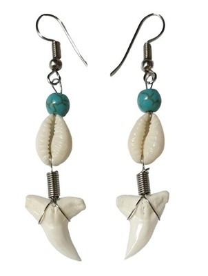 Genuine Mako Shark Tooth Earrings, Turquoise Beads Cowrie Shells Earrings, Handm