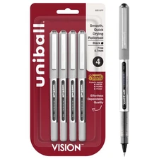 Vision Stick Roller Ball Pens, Fine Point, Black Ink, Pack of 4