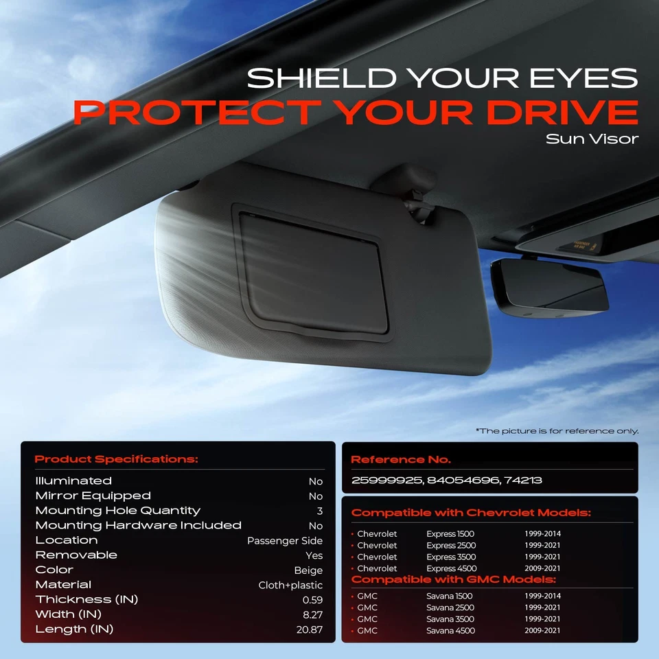 Parasol lateral pasajero beige para Chevy Express 2500 GMC Savana 2500 1999-2021 Foto 2 de 4