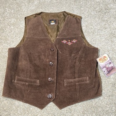 Route 66  Suede Leather Vintage Vest Womens Size L Brown  Western Embroidered