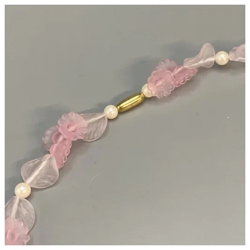 Vintage Pink Frosted Lucite Flower Necklace and Clip Earrings Faux Pearls - Image 3 of 4