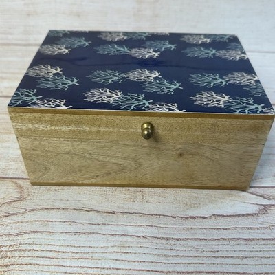 Pier 1 Hinged Lacquer Top Wood Jewelry Trinket Box BeachCore Coastal Ocean Coral
