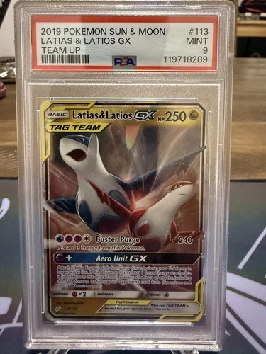 Pokémon TCG Sun & Moon Team Up Latias Latios GX Mint Holo Card 113/181 PSA 9