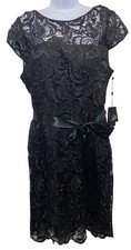 Adrianna Papell Dress Womens 16 Black Cap Sleeve Lace Cocktail Belted Satin Sash