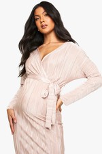 Boohoo Maternity Plisse Belted Midi Dress Champagne In Size 6 US Brand New