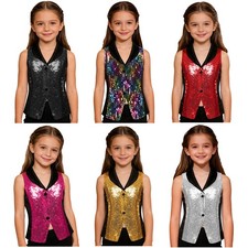Girls Sequin Waistcoat Contemporary Tank Top Press Button Vest Lapel V Neck Tap