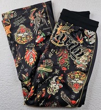 Ed Hardy Flashboard Track Pants Black Gold Embroidered Size XS Tiger Skull Print