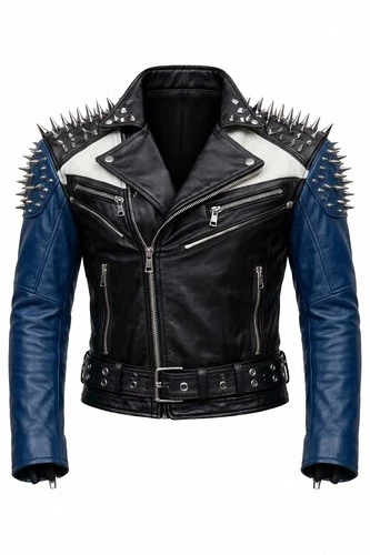 Men’s Studded Black-Blue Leather Biker Jacket Punk Rock Motorcycle  Design Coat - product listing photo