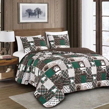 3Piece Rustic Lodger Quilt Bedspread Set Patchwork Bear Paw Print Cabin Bedding 