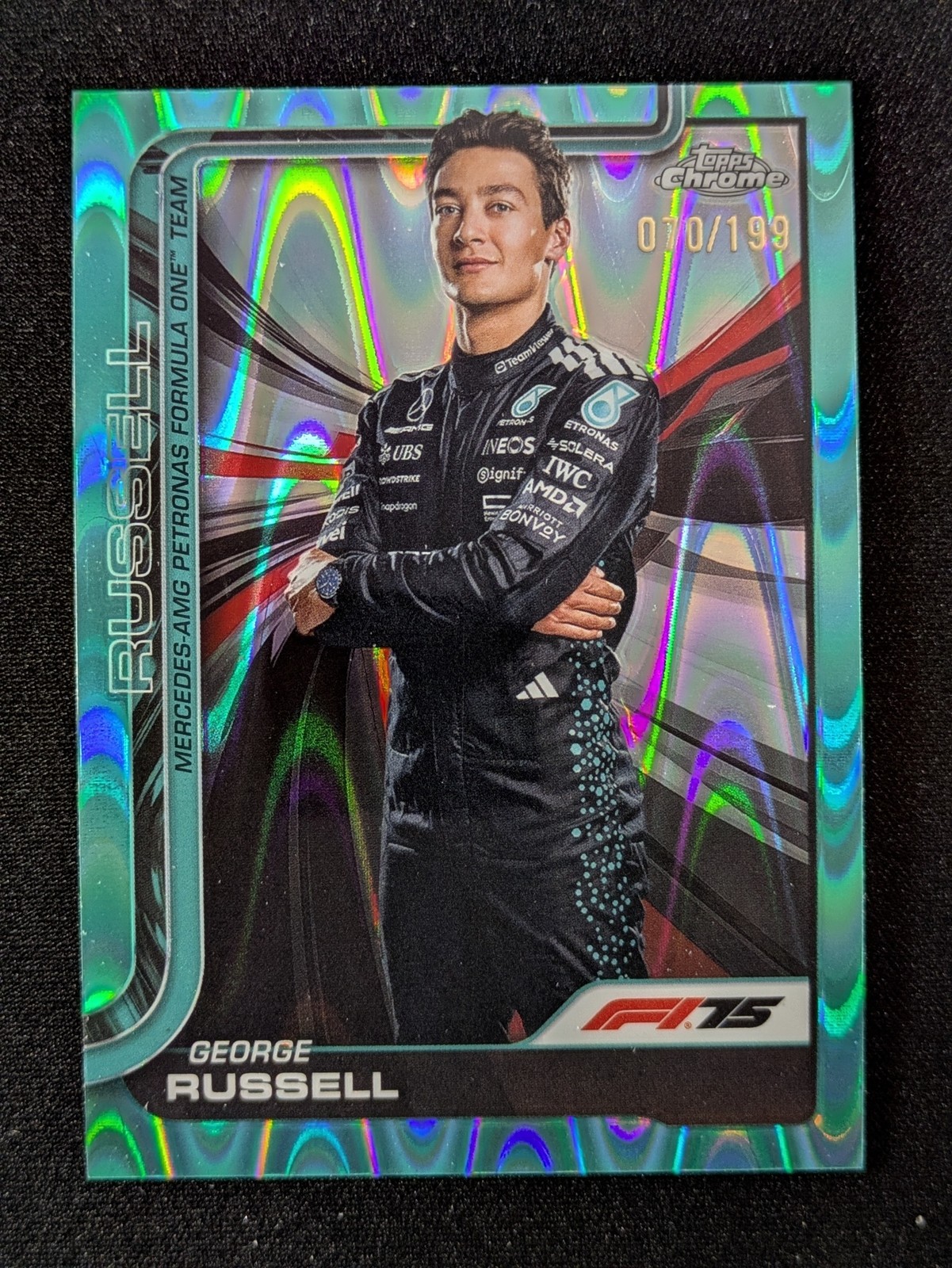 2025 Topps Chrome Formula 1 GEORGE RUSSELL 10/199 Aqua RayWave Refractor #7