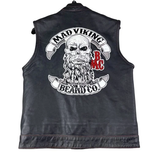 Wilson Biker Gear M Black Leather Vest Mad Viking Beard Co Patches Red Stitching - product listing photo