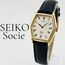 Rare SEIKO Socie Hand-Wound Watch Hexagonal Case Gold Silver Black
