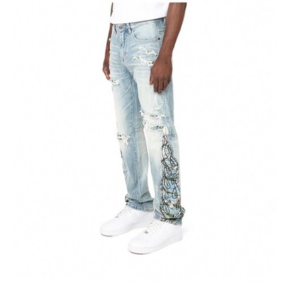 Smoke Rise Mens Light Wash Distressed Tapestry Patchwork Flame Jeans Streetwear