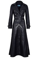 Ladies New 3490 Black 100 % Real Leather Full-Length Long Goth Coat Rock Jacket