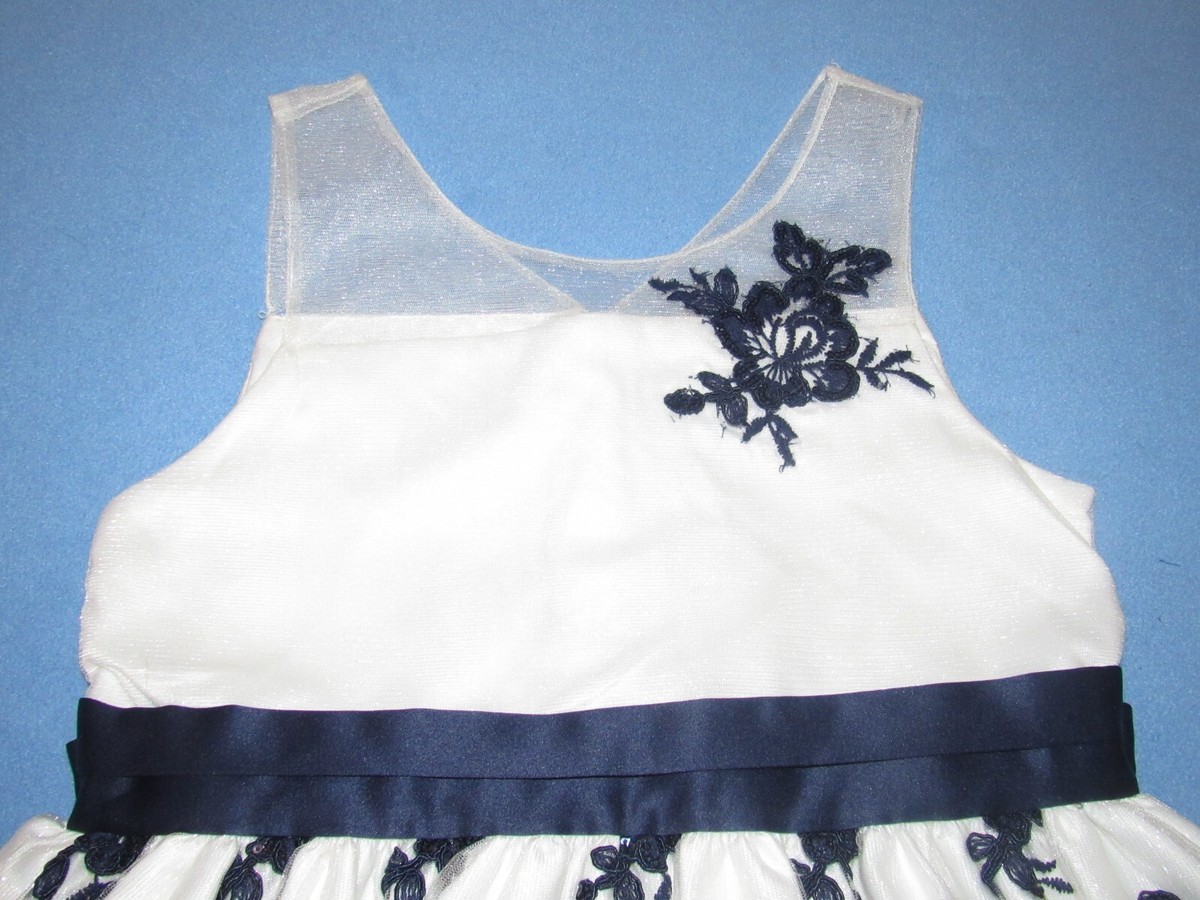 AMERICAN PRINCESS Girls Dress Size 12 WHITE NAVY BLUE Floral Embroidery