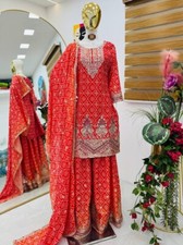 Women  Girls Wear Orange Chinnon Silk Top Palazzo And Dupatta For Wedding