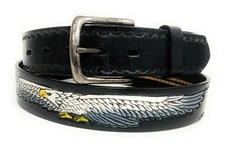 MEN'S BLACK EAGLE LEATHER BELT, HAND LACED EAGLE DECORATED LEATHER BELT