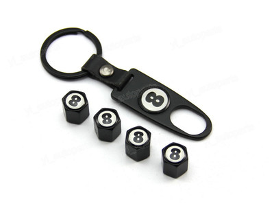 Black Tire Wheel Rims Stem Air Dust Valve Caps & Wrench Key Chain Super Eight