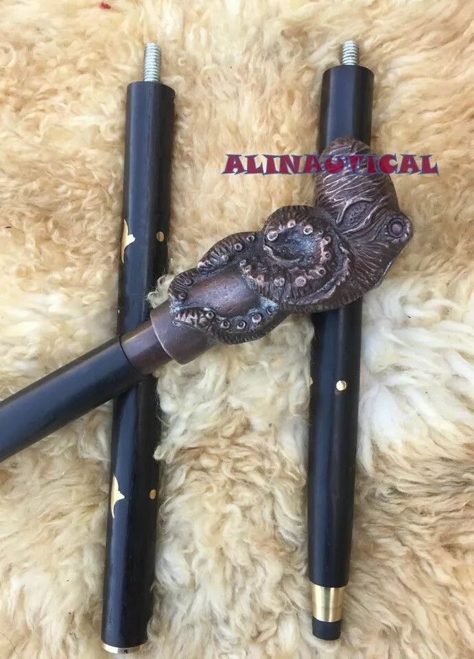 Antique Solid Octopus Head Handle Style Wooden Ca… - image 1