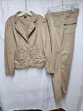 Vintage Women 2Piece Suit Jacket Pant Cotton Light Brown Creased Waist Sm 8-10