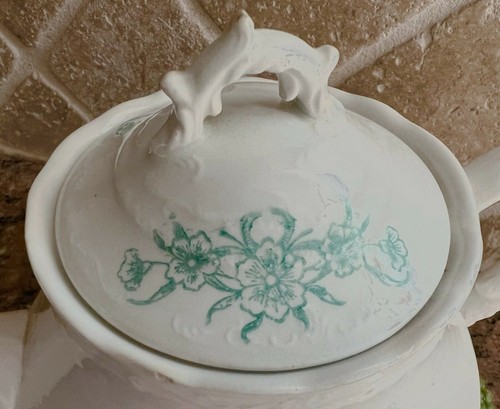 Old China Teapot White and Sea Glass Green om Arbitus pattern 6 cups Tea Party! - Picture 3 of 7