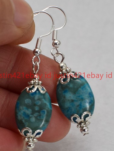 Natural 13x18mm Blue Crazy Lace Agate Oval Gems Silver Hook Dangle Earrings - Picture 5 of 12