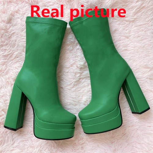 Women's Platform Ankle Boots High Block Heel Zip Patent Leather High Top Boots - Picture 15 of 19