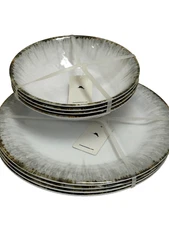 Tommy Bahama 8 pc Melamine Dinner Plate and Bowl Set White Gray Gold Abstract
