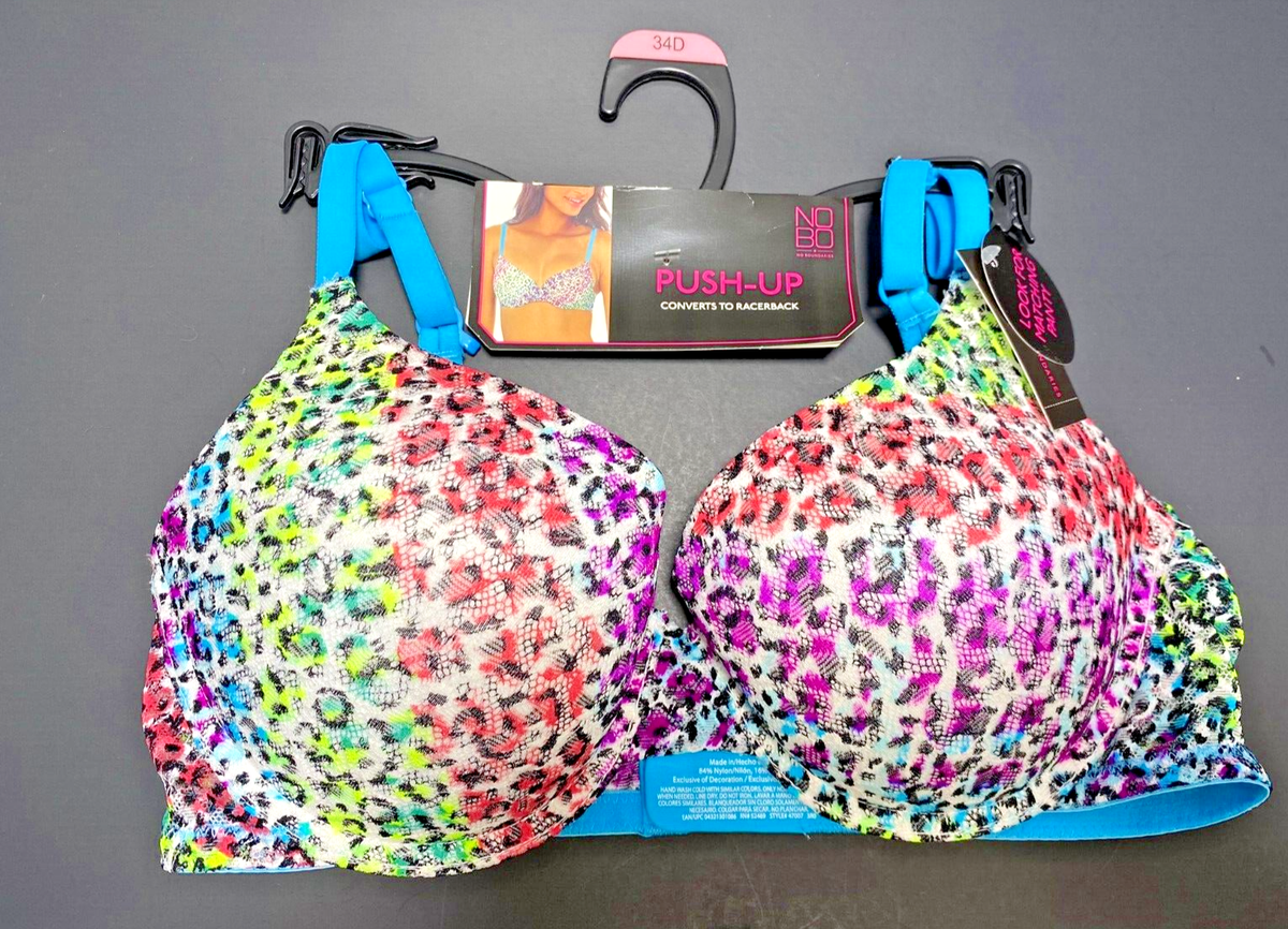 NOBO No Boundaries Rainbow Leopard Push Up Bra Lace Converts To