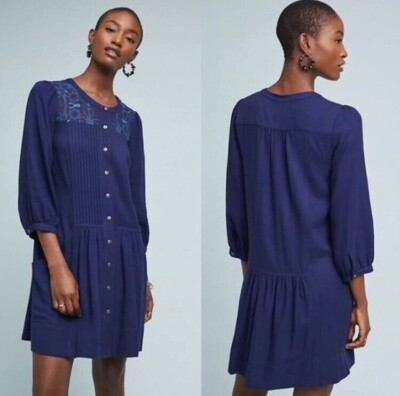 Anthropologie Dubois Embroidered Blue Loose Tunic Dress Button Down Drop Waist 0
