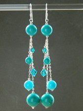 Alex Polizzi Style Long Earrings ~ Turquoise Gem, Swarovski Crystal & 925 Silver