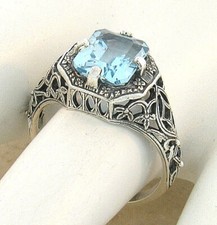 GENUINE BLUE TOPAZ 925 STERLING SILVER DECO ANTIQUE STYLE FILIGREE RING   559